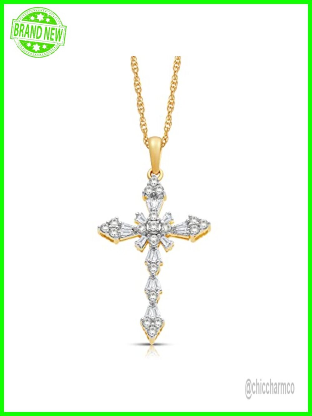 10K Yellow Gold Diamond Cross Pendant Necklace 1/2 CTW Rope Chain 18"